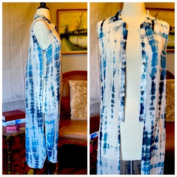 Go Silk Jackets & Blazers - Go Silk Blue and White Tie Dye Duster or Swimsuit Cover Up